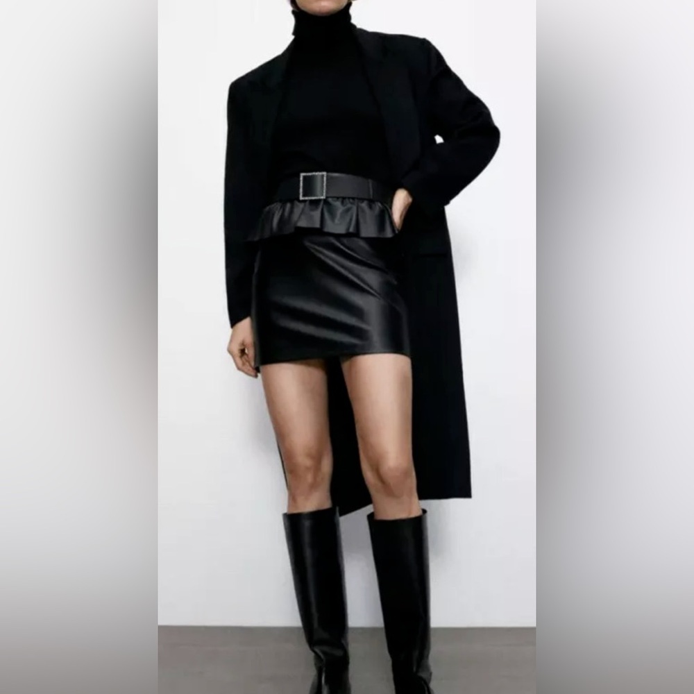 NWT Zara Black Ruffle Belted Faux Leather Mini Skirt Size S